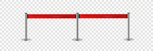 Red Rope For Exhibition Halls And Car Dealerships. Realistic Fencing For Exclusive Entrance Or Security Zone. Silver Barrier With Red Ribbon For VIP Presentation. Vector Illustration, EPS 10.