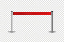 Silver Barrier With Red Ribbon For VIP Presentation. Realistic Fencing For Exclusive Entrance Or Security Zone. Red Rope For Exhibition Halls And Car Dealerships.