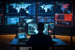 © MUS_GRAPHIC - In the System Control Room Technical Operator Sits and Monitors Various Activities Showing on Multiple Displays with Graphics. Responsibility for Information Security in the Company Concept