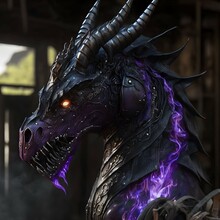 Hyper Realistic Black And Purple Steel And Metal Dragon With Steel Horns And Black Flamed Coming Out Of Its Mouth Amazing Lighting 