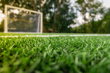 Fototapeta Sport - Morning sunrise, corner of a soccer field goal with white markers, on an artificial green surface