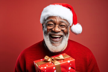 Delightful elderly African American man in trendy attire, prepared for a Christmas party. He's sporting a Santa hat, holding a present gift box, and smiling warmly, all against a solid color backgroun