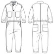 Mechanic Coveralls flat sketch fashion illustration technical drawing with front and back view, Long sleeve Overalls safety uniform technical drawing sketch vector template