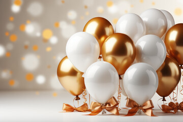 Wall Mural - Golden and white balloons on a white background. Festive background with copy space. AI generative.