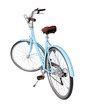 Blue retro bicycle, generic clean and new. Brown leather saddle and handles, back view. Vintage look city bike. Png isolated on transparent background