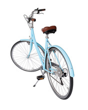 Blue Retro Bicycle, Generic Clean And New. Brown Leather Saddle And Handles, Back View. Vintage Look City Bike. Png Isolated On Transparent Background