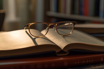 Poster - open book with glasses. reading concept. generated by AI.