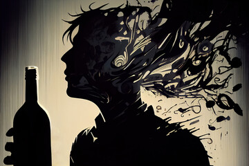 Black silhouette of a man with a bottle. The concept of alcoholism