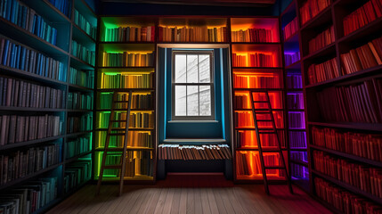 Wall Mural - a bookshelf lined with books, books with colorful bindings on bookshelves with window. library wall with bright rainbow books with cozy backlight, backdrop for science presentation, generative ai