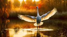 Stork Before Taking Off Over The Water At Sunset, A Bird With Spread Wings Over A Pond In The Sunset Rays Of The Golden Hour, Generative Ai