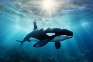 Wall Mural - Killer whale in the deep blue ocean. 3d rendering.