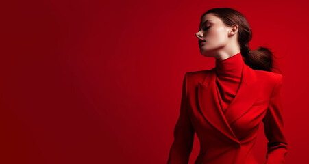 Minimalistic Modern Red Fashion Image. Solid isolated red background. Generative AI.