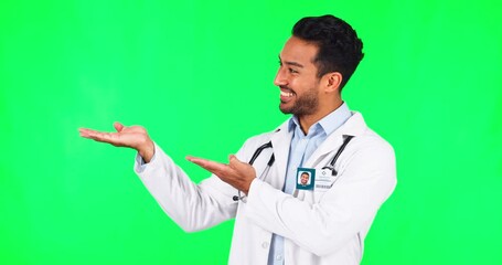 Wall Mural - Space, show and doctor with man on green screen for advertising, deal and idea. Healthcare, medical and medicine with portrait of person on studio background for presentation, review and news