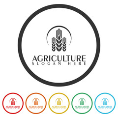 Sticker - Agriculture wheat Logo Template. Set icons in color circle buttons