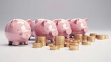 Fototapeta  - Golden coins putting to pink piggy save money on white background for deposit and financial saving growth concept by 3d render