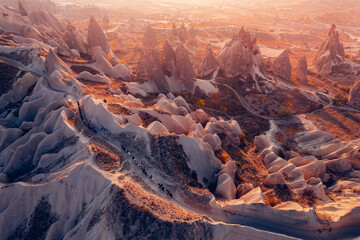 Wall Mural - Horse tourist tour on rose valley of Cappadocia Turkey, national park Goreme. Aerial top view landscape sunset