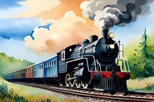 Watercolor Steam Engine Train Background Generative AI