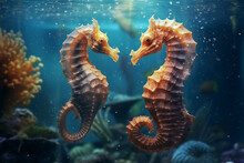 Two Seahorses In The Aquarium. Underwater Life Concept.
