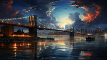 Brooklyn Bridge At Night, Powerful Night Sky, Oil Painting Effect Ai Generative