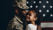 © Aimages - Happy african american father wearing military uniform and his daughter embracing, holding usa flag