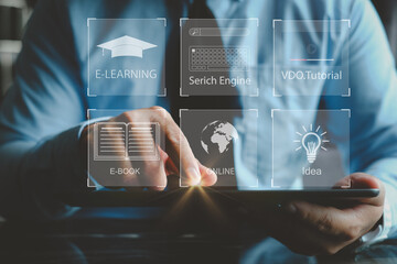 Fototapete - Concept of Online education. man use Online education training and e-learning webinar on internet for personal development and professional qualifications. Digital courses to develop new skills.