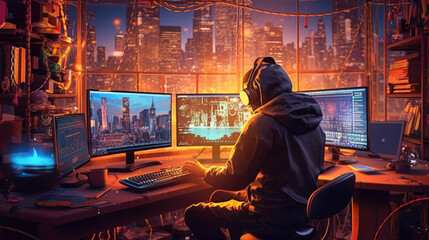 Cyber attack with unrecognizable hooded hacker.Hacker steal money in the office.