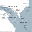 Darien Gap, gray political map. Region in the Isthmus of Panama, connecting North and South America with Central America. The gap is in the Pan-American Highway of which a part were not built.