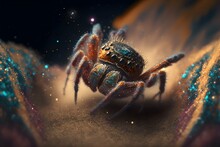 Dancing Jumping Spider As The Galaxy Explodes Space Stars And Planets Vibrant Color Film Photo From The 1990s Muted Colours Kodak Porta Film Cinematic Screengrab Finely Detailed Face Finely Detailed 