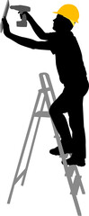 Silhouettes of men wearing yellow helmet standing on the ladder working with a tool equipment, Cordless Drill, hammer. Icons of worker with tools and instruments. Clipart style.