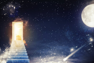 Wall Mural - door with sunlight on a starry sky with the moon and the stars