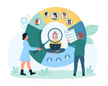 Audience Segmentation Vector Illustration. Cartoon Tiny People Holding Magnifier To Research Potential Client And Brands Niche, Divide Category And Groups Of Different People In Infographic Pie Chart