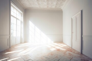 Poster - empty room with a window, Luminous Serenity: A Captivating 3D Perspective of a White Room with Dappled Light, Minimalist Backgrounds, and Spectacular Backdrops