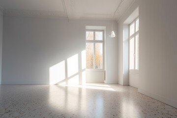Poster - empty room with a window, Luminous Serenity: A Captivating 3D Perspective of a White Room with Dappled Light, Minimalist Backgrounds, and Spectacular Backdrops