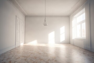 Poster - empty room with a window, Luminous Serenity: A Captivating 3D Perspective of a White Room with Dappled Light, Minimalist Backgrounds, and Spectacular Backdrops