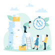 Paperwork organization in office work vector illustration. Cartoon busy tiny people carry heavy stacks of paper documents and bills to big pile, too much business paperwork, deadline and bureaucracy