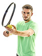 © Designpics - one caucasian  man playing tennis player service serving isolated on white background