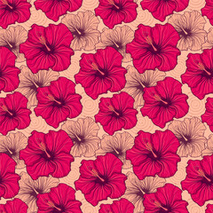 Poster - illustration of seamless pattern with hand drawn hibiscus flowers