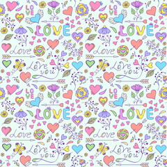 Wall Mural - Illustration of colorful seamless pattern with hearts,flowers and other elements