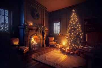 Mysterious Christmas interior with fireplace, christmas tree and presents. Generative AI