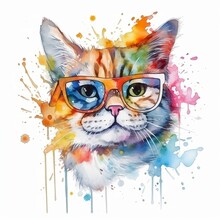 Ute Watercolor Cat In Rainbow Paint Playing With A Butterfly. Colorful Cat With Sunglasses On White Background. Created With Generative Ai.