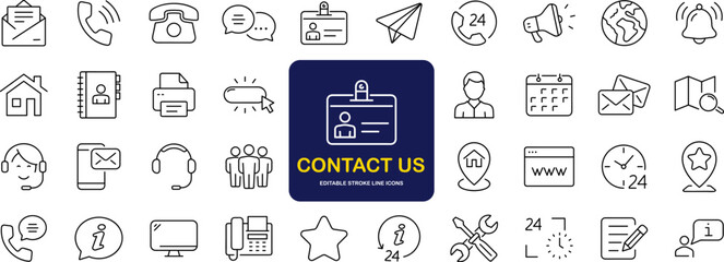 Fototapete - Contact us set of web icons in line style. Social Media network icons for web and mobile app. Customer service. Contact support sign and symbols. Call us, support, email, message, phone, info