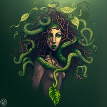 Logo Of African Female Medusa Body With Green Long Flowing Snake Hair Full Body Cannibus Leafs Water Dropletsanimation Anime Intricate Details Filigree 