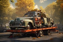 An Old Broken Car Stands On A Tow Truck , AI Generated