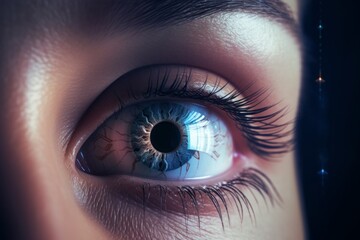 Poster - close up of a female eye, Digital Intrigue: A Captivating Close-Up Photograph of a White Hacking Symbol in Front of a Human Eye, Illuminating the Intersection of Technology and Identity