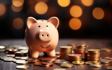 Fototapeta  - Coins and a piggy bank with bokeh blurry background
