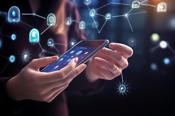 Poster - Young woman using a smartphone with technology and connection concept on the background. Generative AI