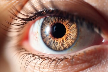 Poster - close up of a female eye, Digital Intrigue: A Captivating Close-Up Photograph of a White Hacking Symbol in Front of a Human Eye, Illuminating the Intersection of Technology and Identity