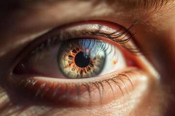 Poster - close up of a female eye, Digital Intrigue: A Captivating Close-Up Photograph of a White Hacking Symbol in Front of a Human Eye, Illuminating the Intersection of Technology and Identity