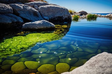Poster - serene lake surrounded by lush greenery and rocky terrain. generative ai