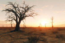 A Hyperrealistic Portrayal Of A Lone Tree In A Vast Savanna, With Dry Grass And A Striking Sunset, Capturing The Essence Of Resilience And Beauty In Harsh Conditions, In Hyperrealistic 8k Detail